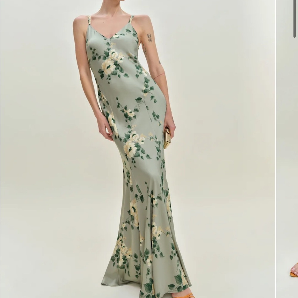 Reformation Sage Green Floral Slip Maxi Dress
